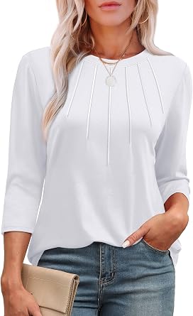 XIEERDUO 3/4 Length Sleeve Womens Tops Round Neck Casual Tunic Tops Basic Pleated Shirts Loose Fit 2026