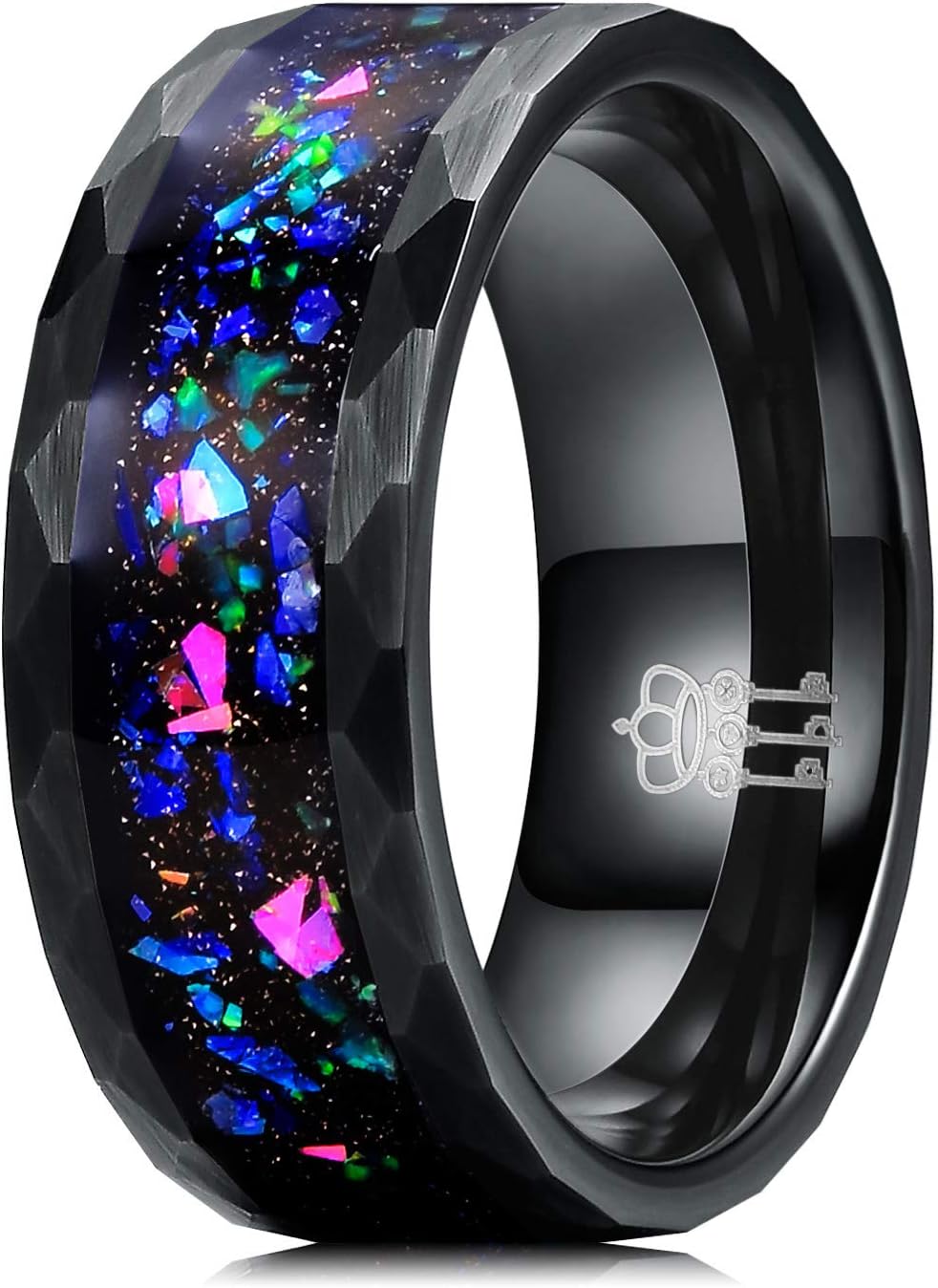 THREE KEYS JEWELRYMens Charming Jewelry Tungsten Galaxy Colourful Color Stones Harmmered Wedding Carbide 8mm Ring Band for Men Engagement Black Size 13.5, Z+1.5(71.02mm), Tungsten, No Gemstone