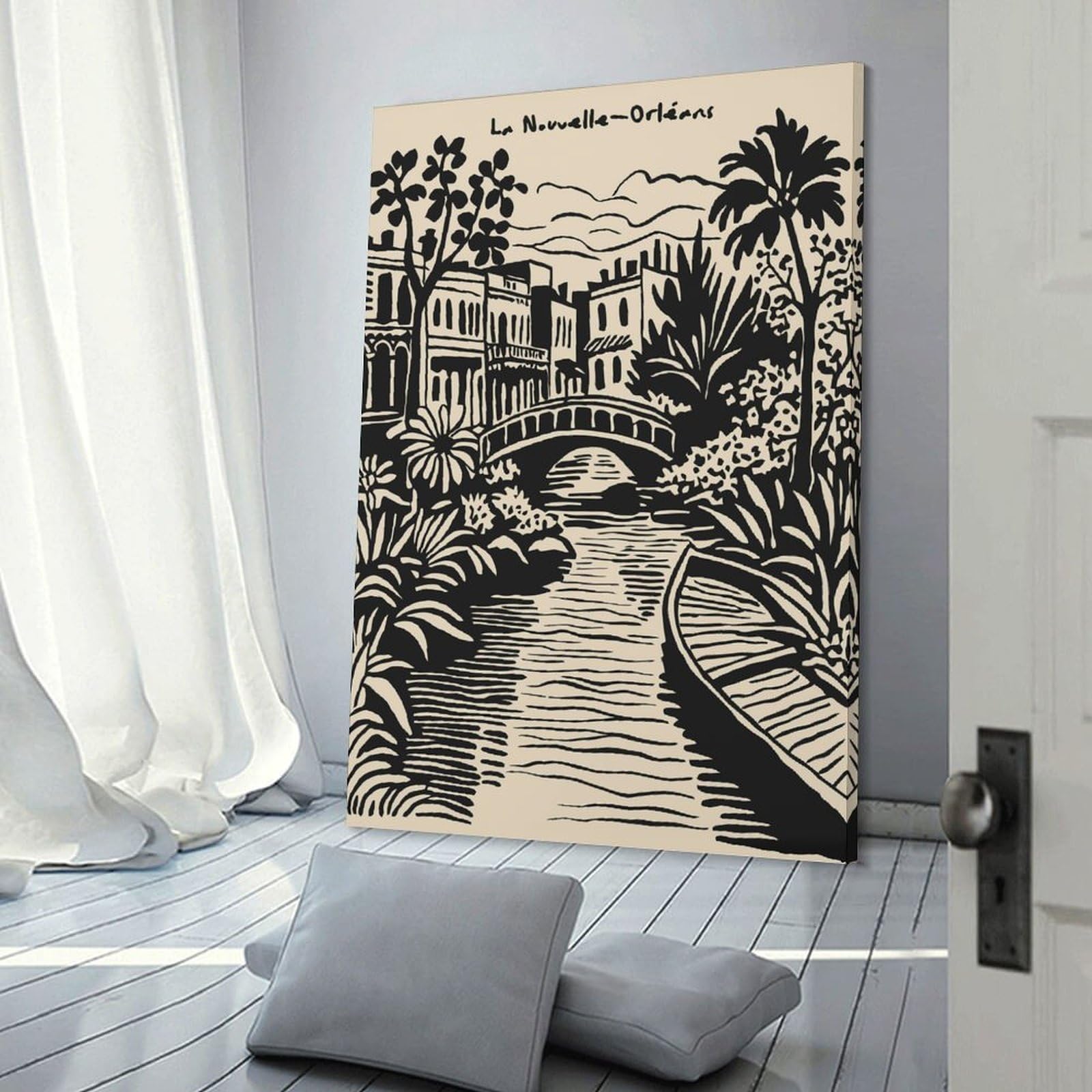 Junmoney New Orleans Canal with Bridge And Buildings Canvas Art Print, 20x30inch(50x75cm), for Home Walls, Creative Rooms Or Shared Spaces, Decorative Artwork with Broad Appeal