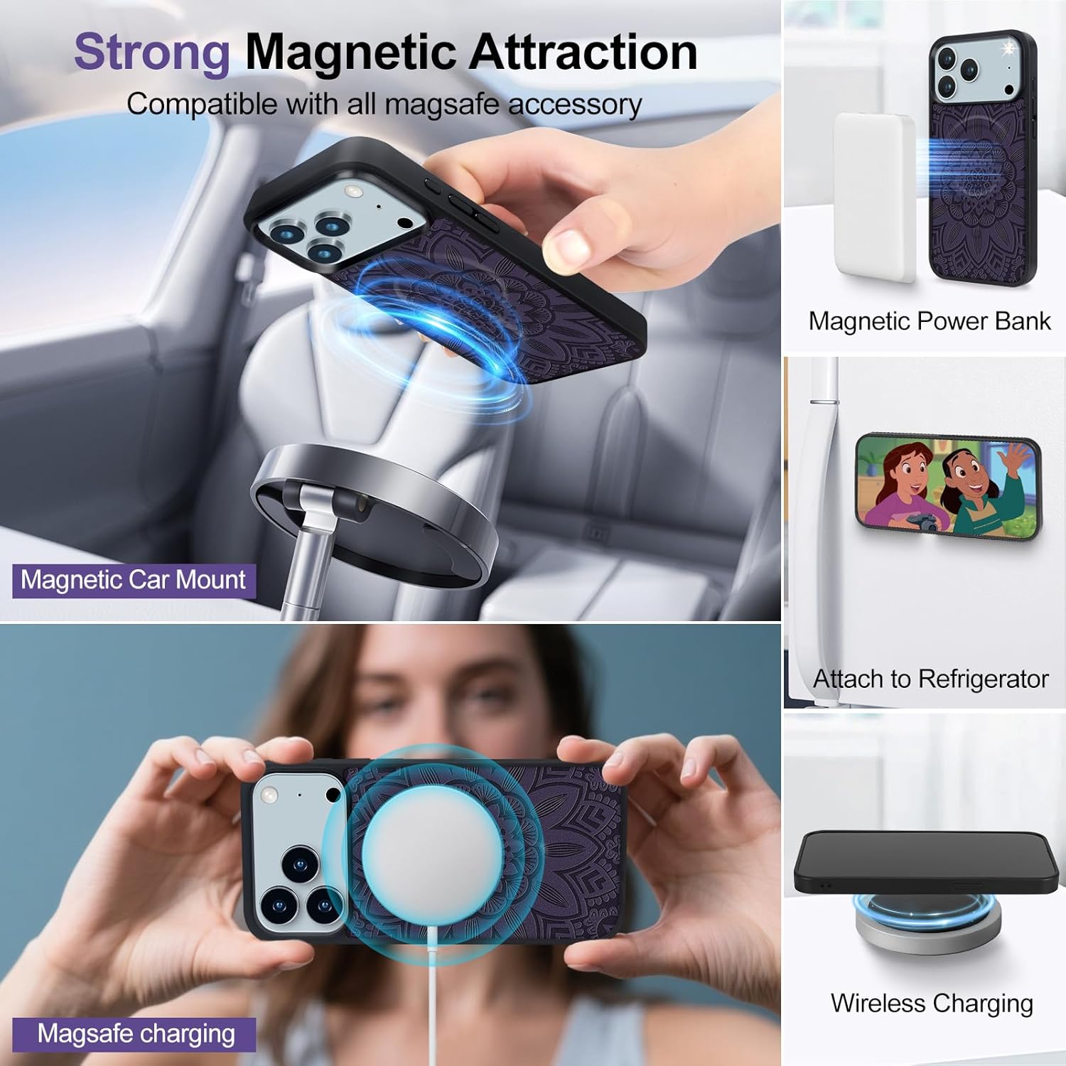 Harryshell 2 in 1 for iPhone 17 Pro Max Wallet Case Magnetic Compatible with Magsafe RFID Blocking Card Holder Detachable Phone Cover Zipper Purse Kickstand Wrist Strap for Men Women Floral Purple