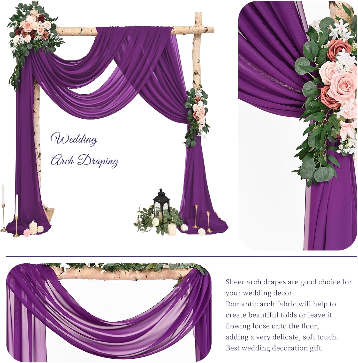 Wedding Arch Draping Fabric,4 Panels 28" x20ft Purple Wedding Arch Drapes for Ceremony Chiffon Fabric Drapes Arbor Drapery Decorations for Reception & Party