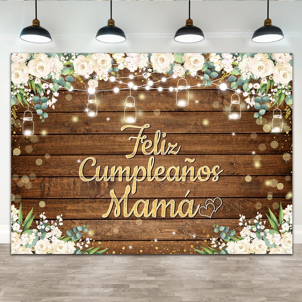 Lofaris 7x5ft Feliz Cumpleanos Mama Backdrop Happy Birthday Background for MoM Mother's Birthday Party Decoration White Floral Roses Board Photography Mexican Spanish Party Decoration Banner Supplies