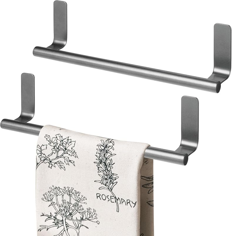 Steel Wall-Mounted Towel Rack Storage Holder - Self-Adhesive Space Saving Bar for Kitchen, Holds Hand and Dish Towels, Stick on Doors, Cabinet, Cupboard, Omni Collection, 2 Pack, Graphite Gray