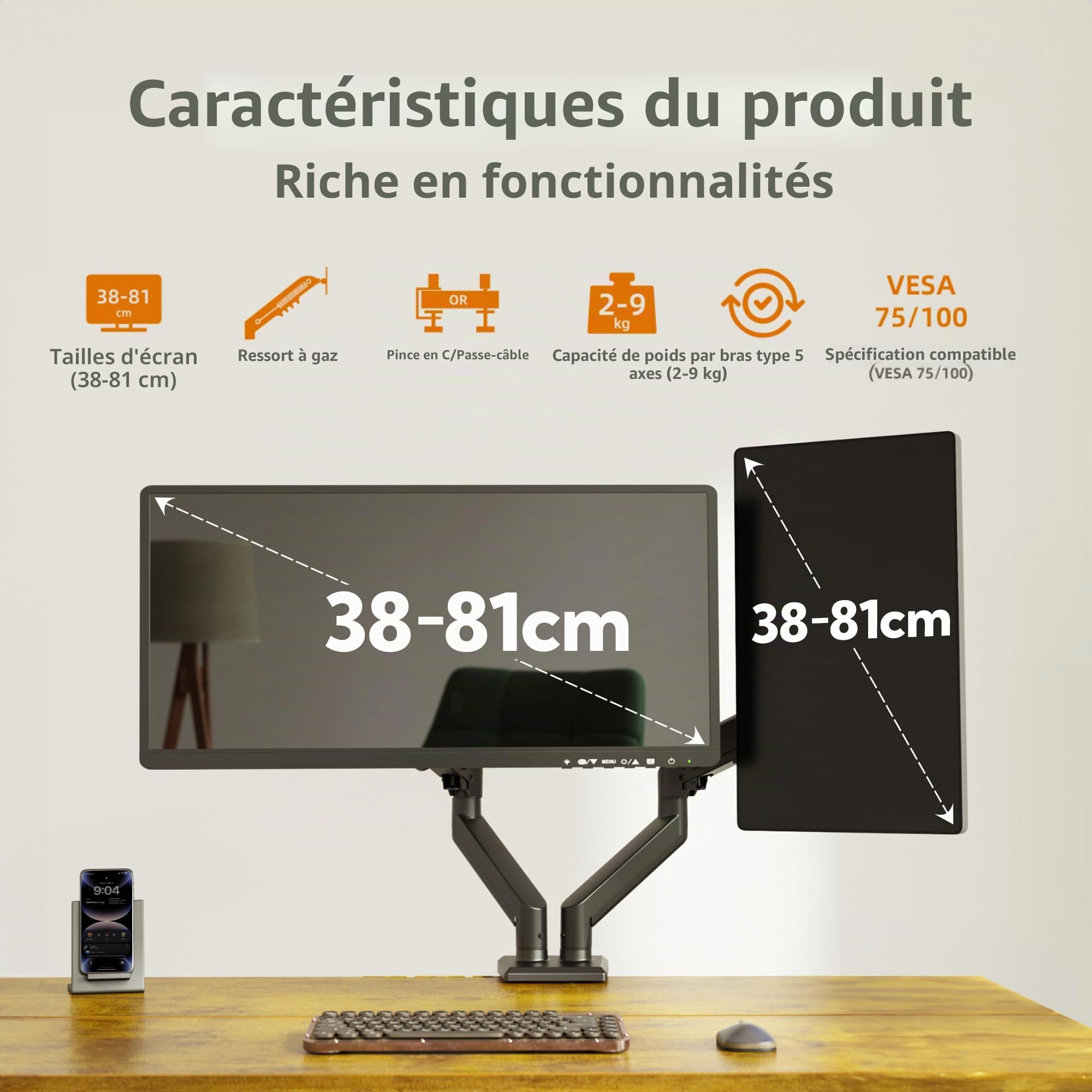 Claiks Support de Moniteur pour 2 écrans de 15 à 32 ", Ergonomique, Peut Supporter 2 à 18 kg, pivotant, VESA 75 et 100 mm, Blanc (Noir)