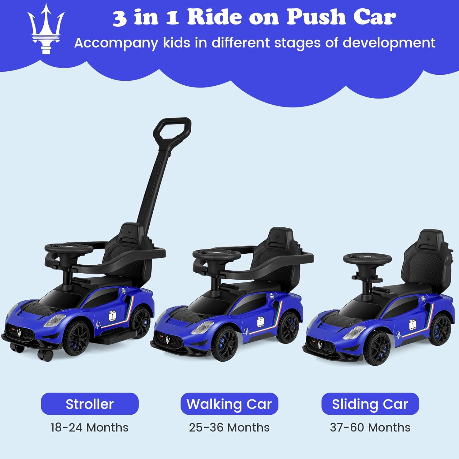 INFANS 3 in 1 Push Car for Toddlers, Licensed Maserati Baby Stroller Sliding Walking Car with Push Handle, Horn, Music, Underneath Storage, Foot-to-Floor Ride on Toys for Boys Girls (Blue)
