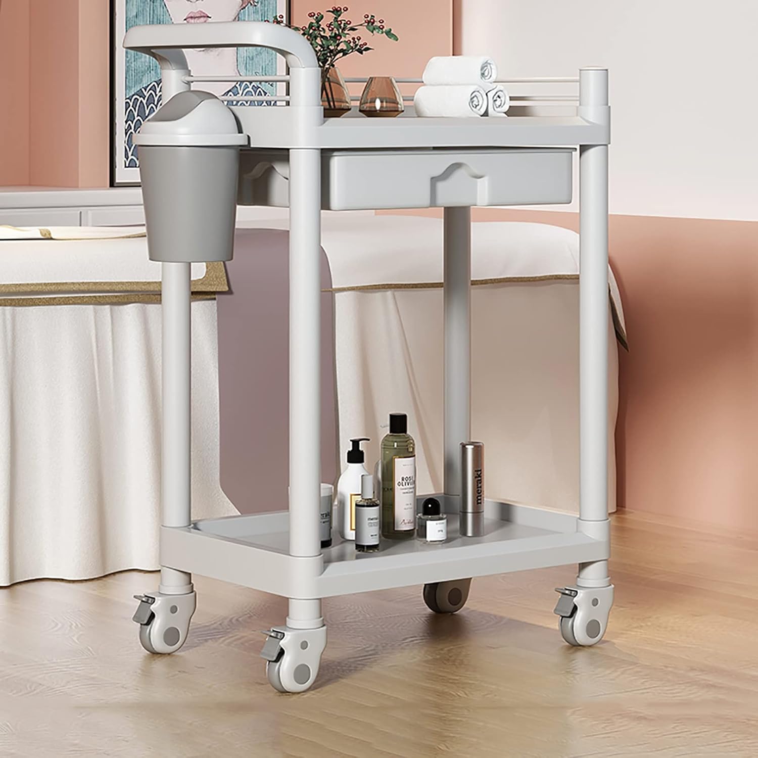 Beauty Rolling Cart,2 Tier Medical Trolley,Spacious Beauty Salon Rolling Trolley with Drawers Dirt Buckets 360°Rotate Wheels Heavy Duty Medical Utility Cart for Hospital Dental Clini, Salon Spa