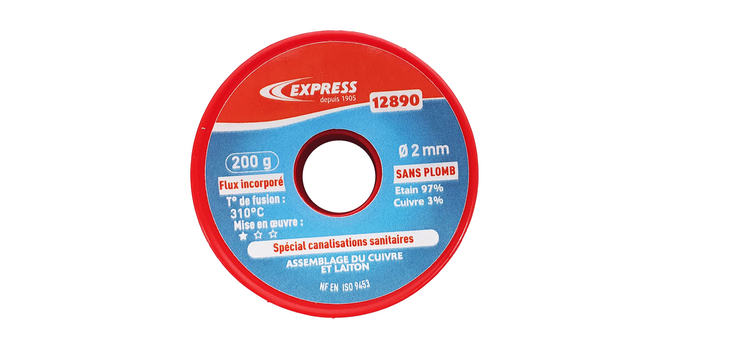 Express, 12890, Accessoire pour Fer à Souder, Soudure Étain pour Assemblage Cuivre, Laiton, Canalisations Sanitaires (Eau Potable), 97% Étain et 3% Cuivre (Sans Plomb), 200 g, d 2 mm, Flux incorporé