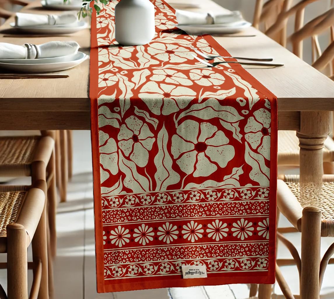 100% Cotton Table Runner - Double Layered with Side Borders - Table Linen - Floral Print for Dining, Console & Coffee Tables