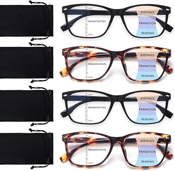 4 Pack Progressive Multifocal Reading Glasses for Men and Women with Computer Blue Light Filter - Eye Strain Protection