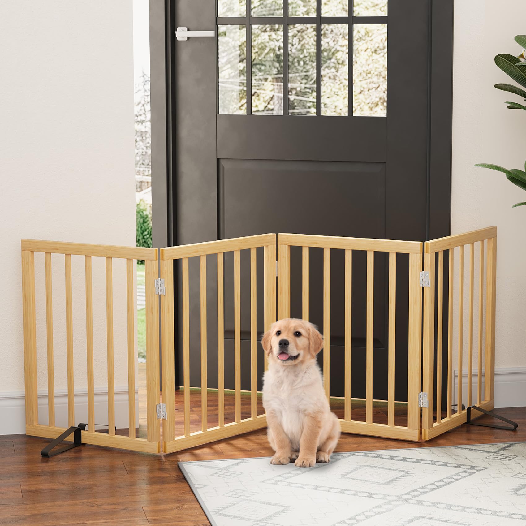 Dog Gate, Freestanding Dog Gates for Doorways, Indoor,Foldable Pet Gates for Doorways Bedroom, Puppy Gate with Metal Support Feet, Room Dividerr 4 Panels (Natural) — view 2
