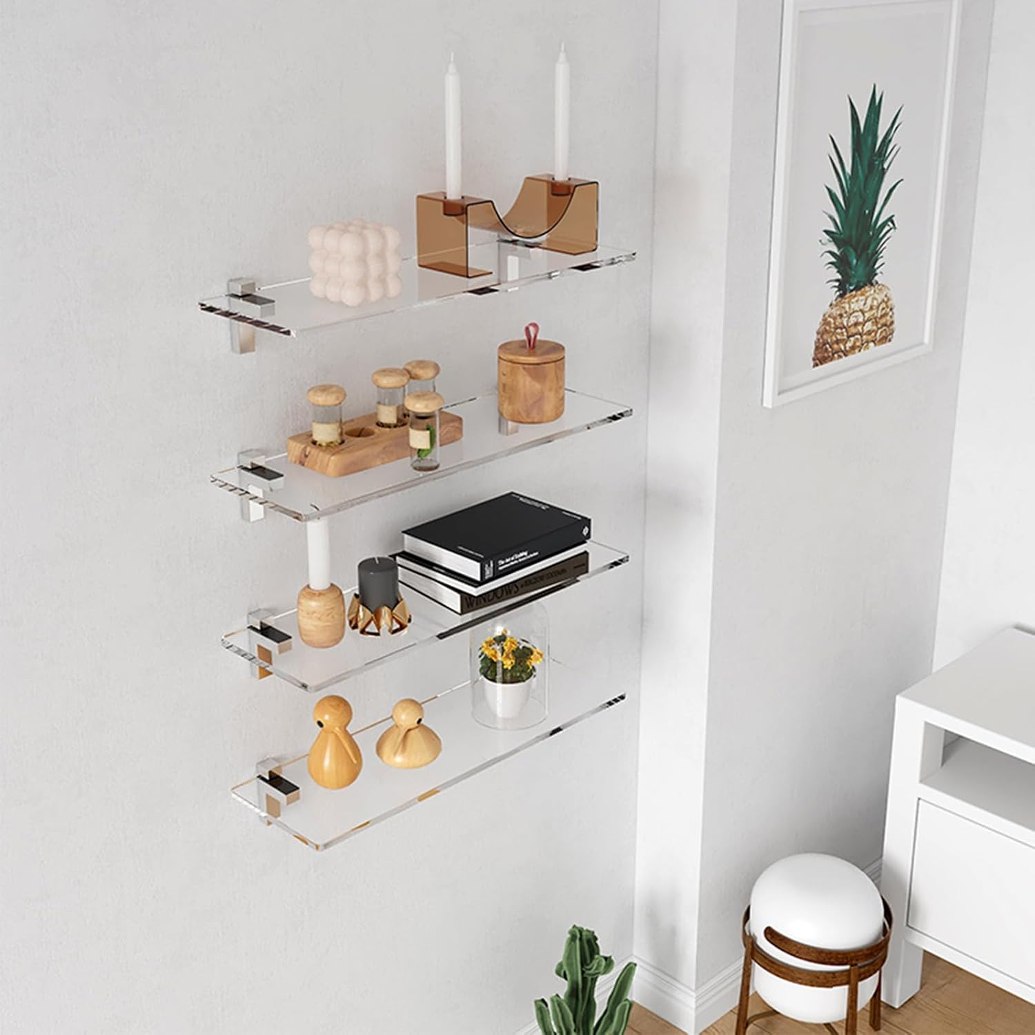 Clear Acrylic Shelf, Set of 2 Invisible Wall Shelves Wall Mounted Display Shelf, Floating Shelves for Bathroom, Bedroom, Living Room, Kitchen, Office (15.7 Inch Set of 4)