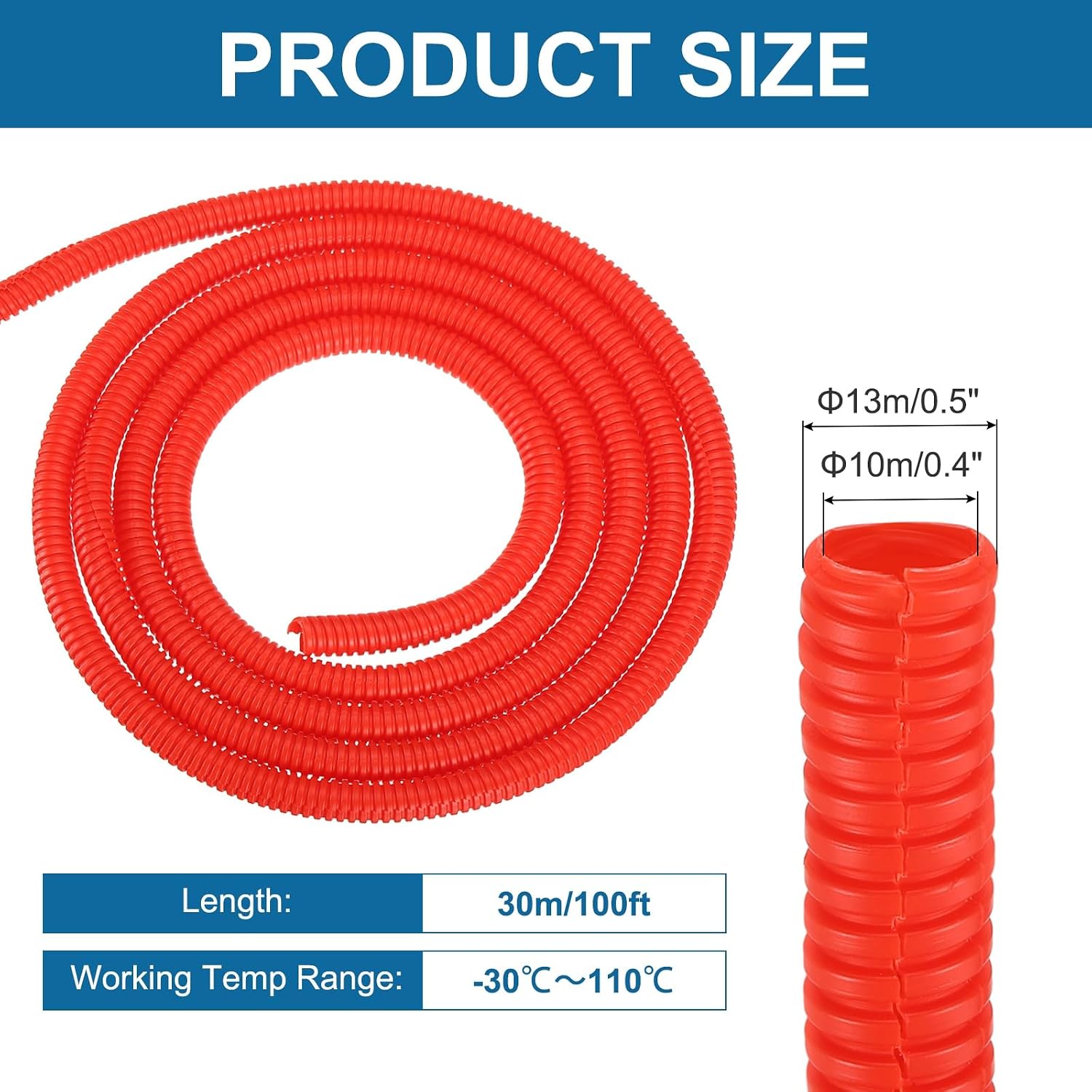 MECCANIXITY 3/8 Inch 100ft Split Wire Loom Tubing, Flexible Cord Protectors with Installation Tool Cable Management Sleeve Conduits Cover for Office Home Electrical Automotive Wires, Red