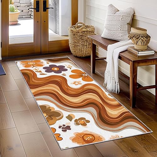 Miniatura 2 de 70s Retro Floral Runner Rug 2x10 - Washable Funky Flower Hallway Rugs Non Slip, Orange Brown Abstract Wavy Decor Carpet Runner for Bedroom Kitchen