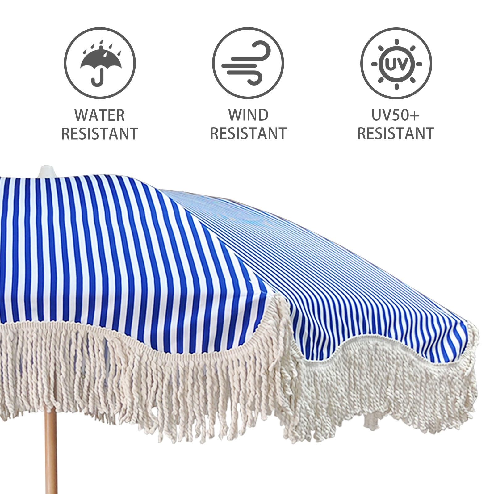 Ombrello da patio per esterni, stile bohémien, con nappa, a righe, blu, bianco, impermeabile, UPF50+, 8 costole, inclinabile, portatile, con borsa per il trasporto, per spiaggia, piscina, giardino