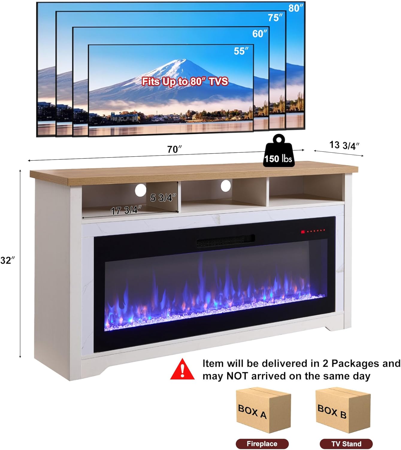 Fireplace TV Stand for 80" TVs, Entertainment Center w/60 Inch Fireplace, WiFi Enabled, APP/Voice Control, Simulated Marble Surrounded, Open Shelves Storage, TV Console with Fireplace, White