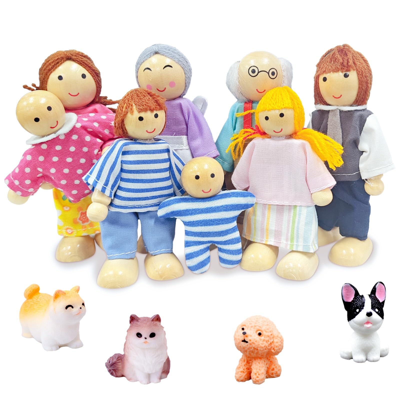 Ruikdly Casa Delle Bambole in Legno - Set Famiglia 12 Pezzi Con Gatto e Cane, Figure Pieghevoli - Accessori Regalo