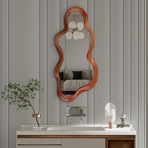 Miniatura 5 de Espejo de pared irregular de 48 x 22 pulgadas, espejo de pared con marco de madera de nogal, espejo ondulado de pared asimétrico para sala de estar,