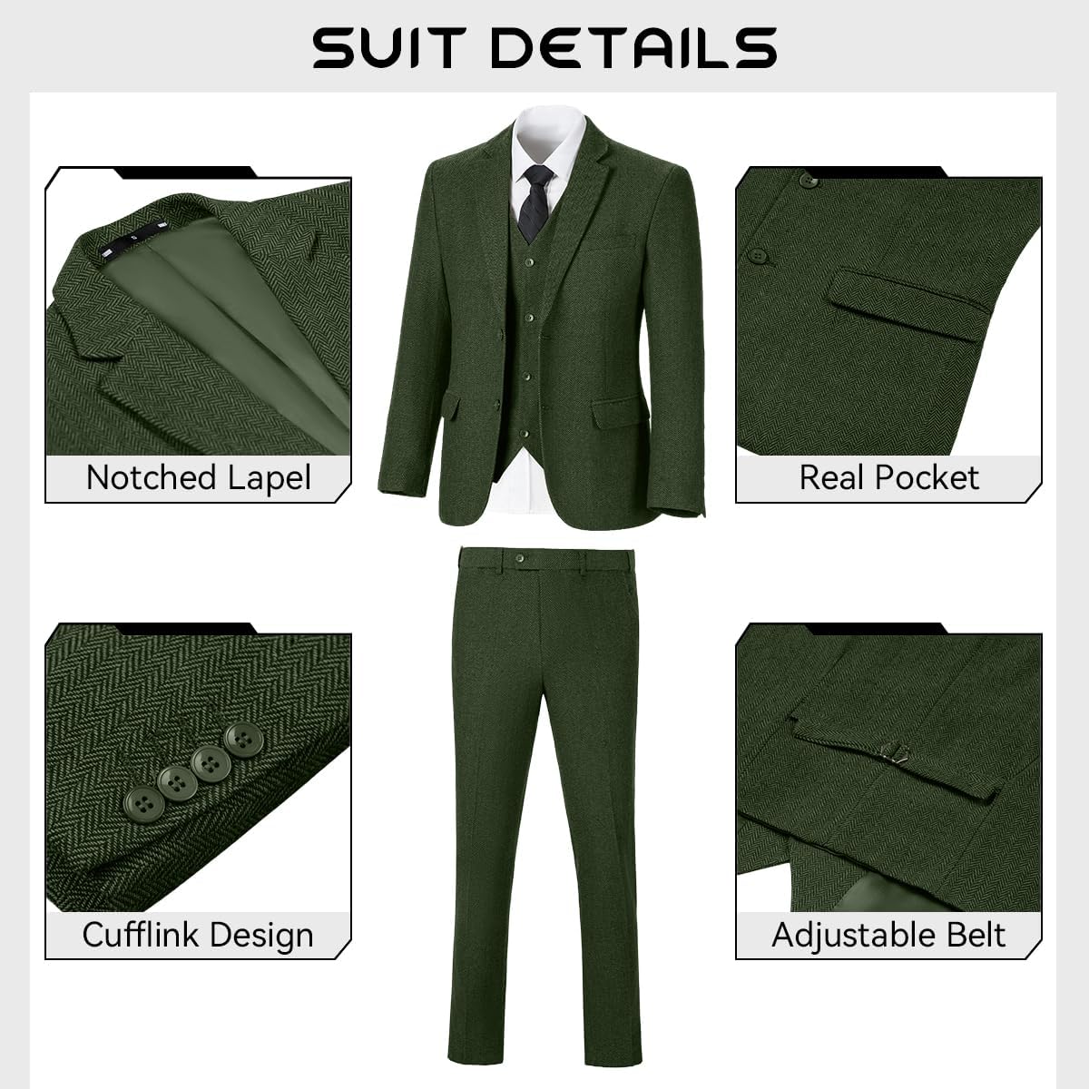 Condition photo showing New/Like New for retro tweed herringbone 5 piece suits for teen | luxurious herringbone tweed fabric, ultra soft breathable lining, flexible kid-friendly tailoring 18 emerald