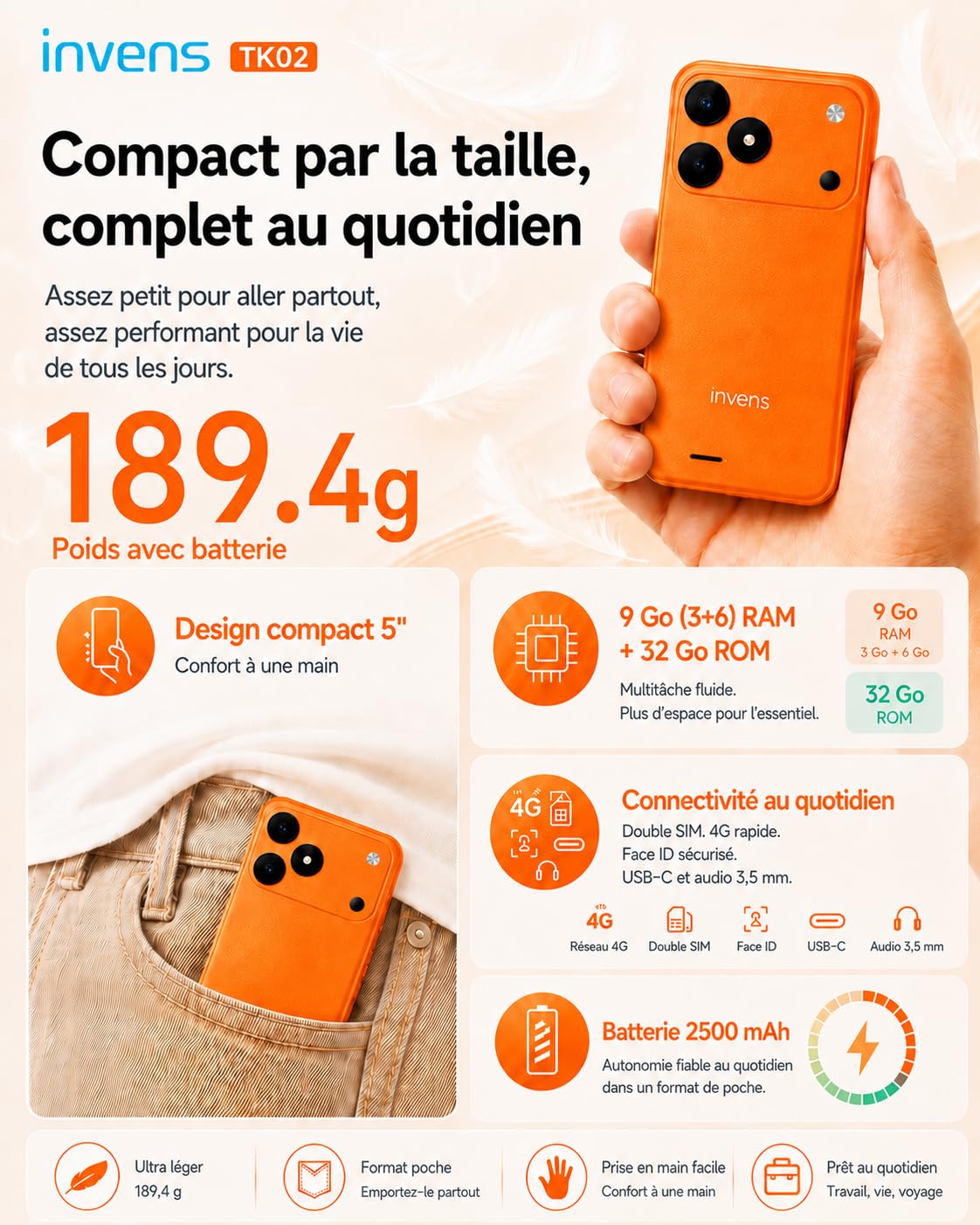 invens TK02 Téléphone Portable 4G Débloqué, Android 16 Go, 9 Go RAM, Noir | Écran compact 5 pouces, 32 Go extensible à 256 Go, double SIM, Face ID, batterie amovible 2500 mAh, USB-C & prise jack 3,5 mm