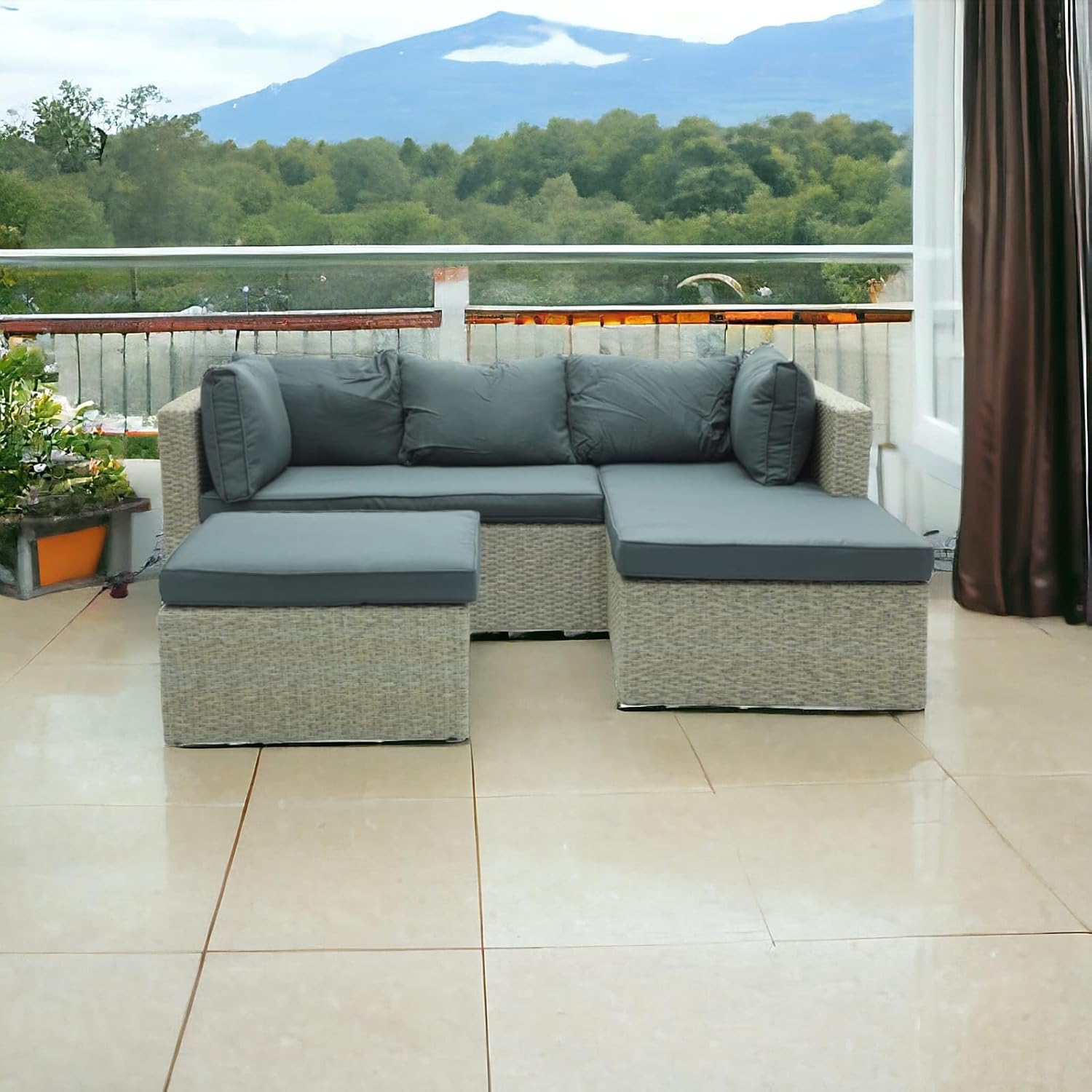 Sulsha Outdoor Lounge L shape Setting Sofa, Patio Lounge Set with Cushions Gray Poly Rattan