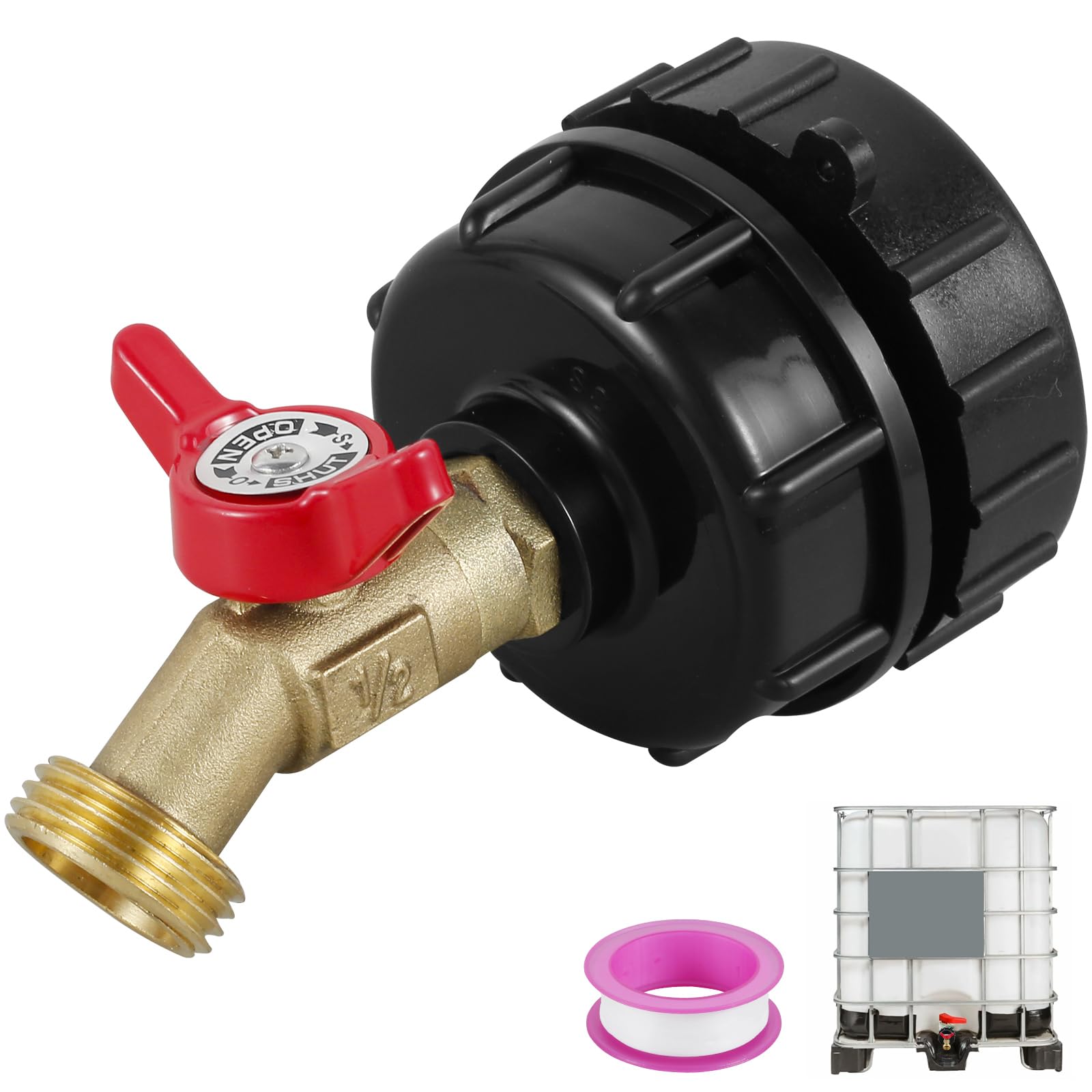 1/2" Leakproof Brass IBC Tank Fittings, IBC Outlet tap, 1000L Water Tank tap Valve Adapter for S60x6 Water Storage Tanks Taps Garden(62mm)