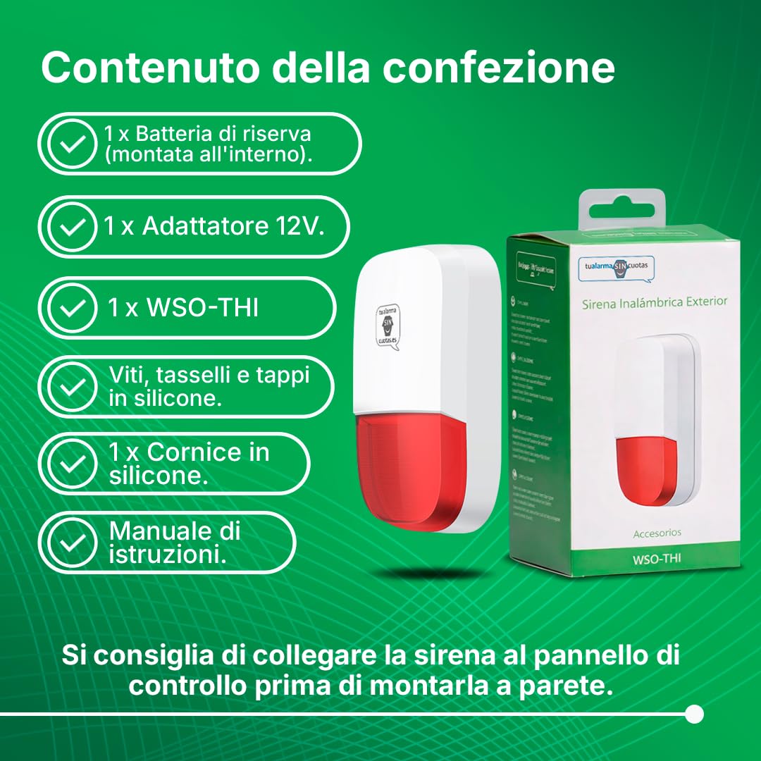 Sirena antifurto da esterno con suono a 95 dB | Include adattatore 12v e batteria di backup | Valido per l'uso come sistema di allarme autonomo