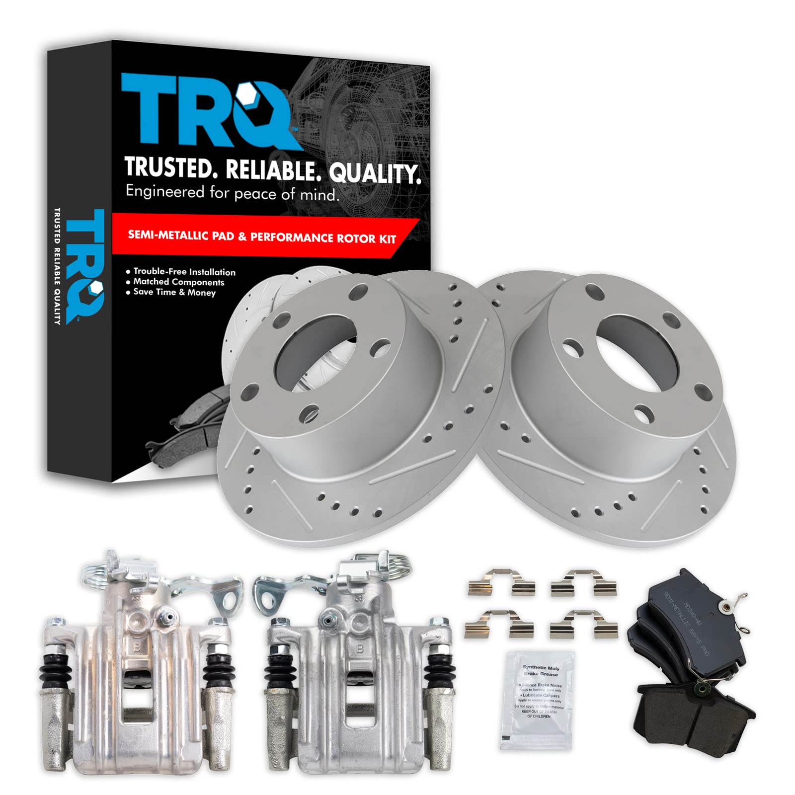 TRQ Rear Brake Pad and Rotor Set Semi Metallic Solid G Coated Rotors Calipers Compatible with 2000-2001 Audi A6