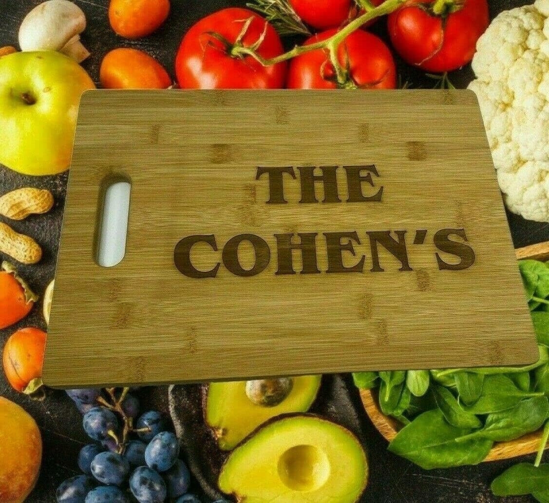 Large Cutting Cheese Charcuterie Board 14" x 10" Bamboo Wood Personalized Free Engraved Custom Wooden Serving Tray, Features A Easy To Access & Hold Handle, Kitchen Heart of Home Entertaining Gift!