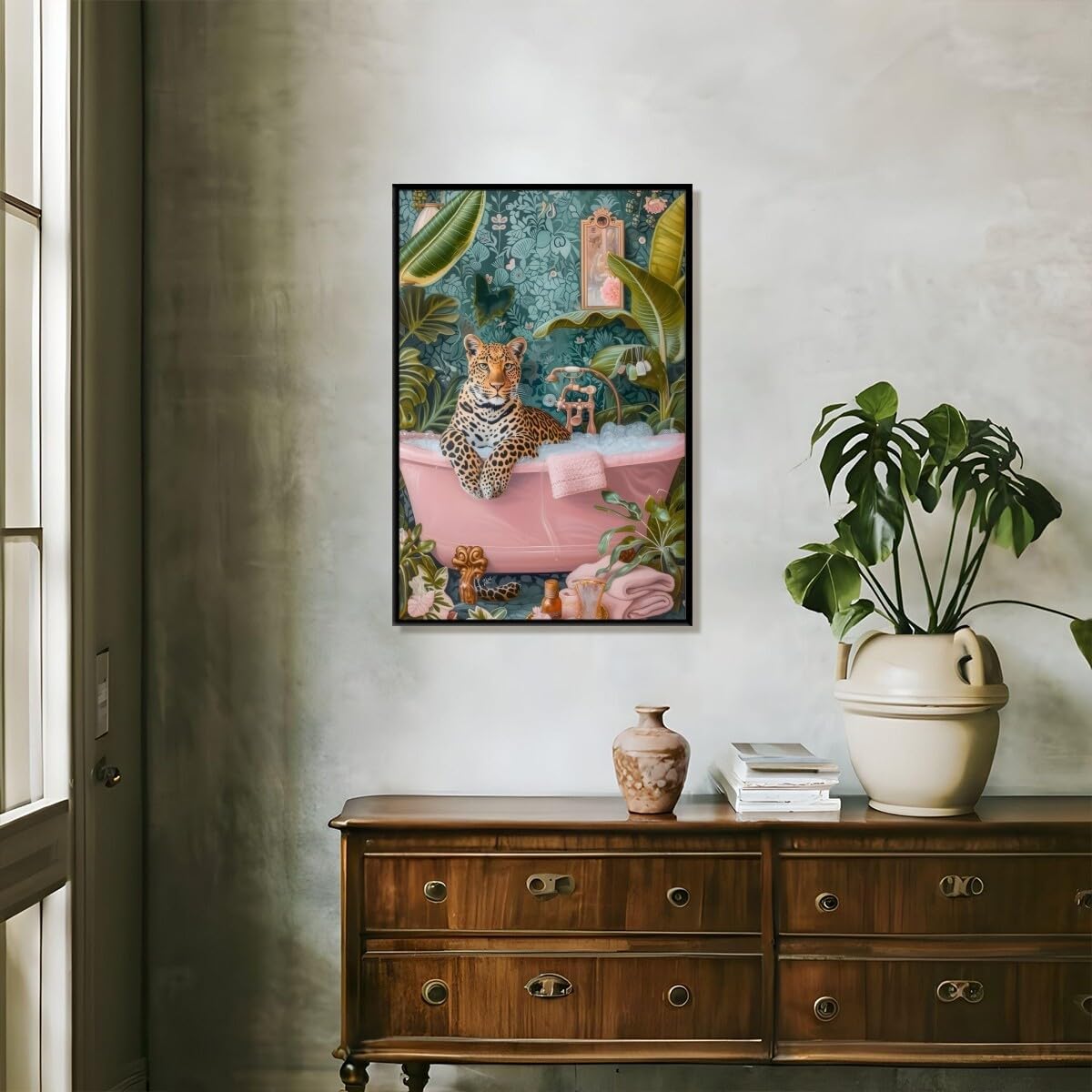 WLZWD Funny Leopard Poster Canvas Wall Art Boho Jungle Pink Bathtub Print Maximalist Botanical Bathroom Decor Cheetah Wall Art for Home Kids Bathroom wall Decor black framed8x12inch