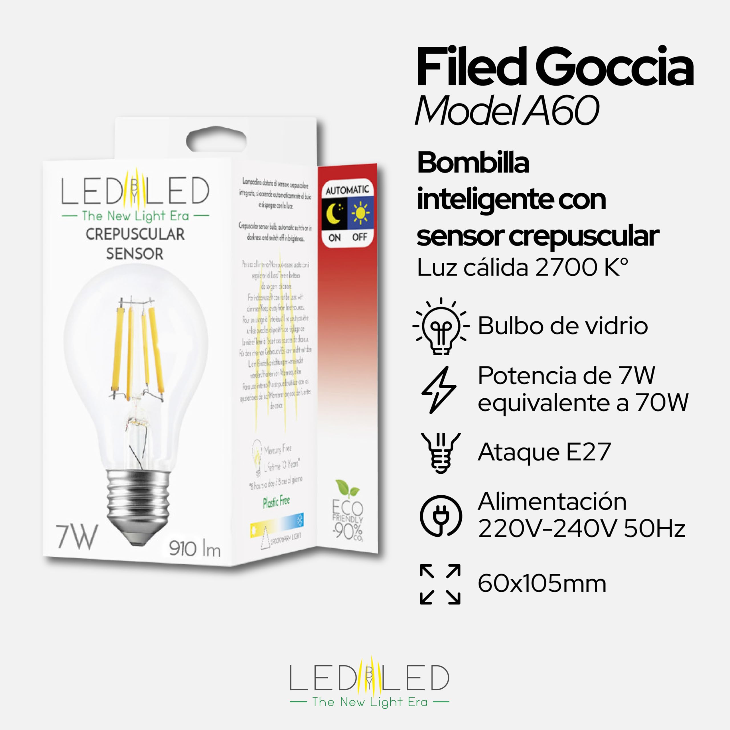 Bombilla Smart Goccia A60 7W, E27, vidrio transparente, sensor crepuscular, 2700K luz cálida, filamento LED recto, 806 lúmenes, paquete de 10 unidades