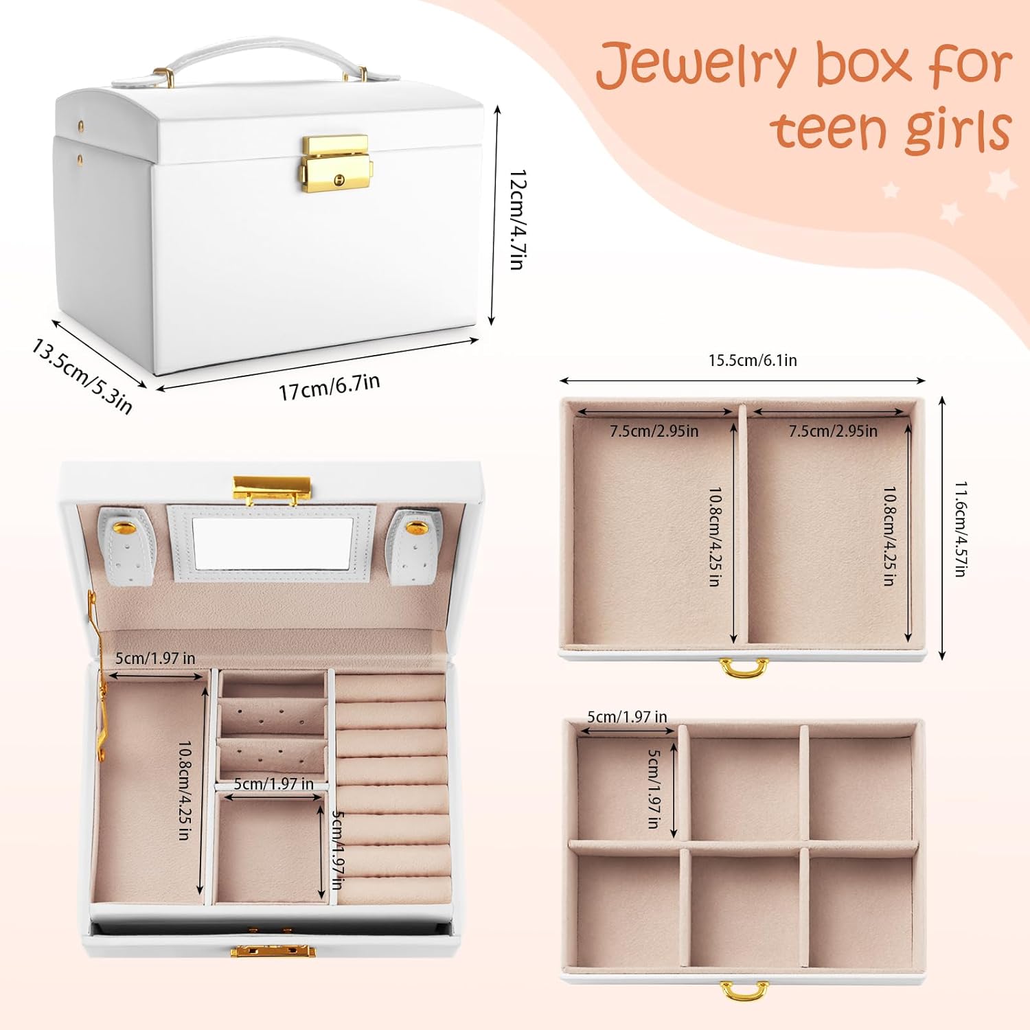 3 Layer Jewelry Box PU Leather Jewelry Organizer Box with Handle and Mirror 6.8x5.3x4.7Inches Compatible Rings Necklaces Bracelets Watch Earring Gift Idea for Girl