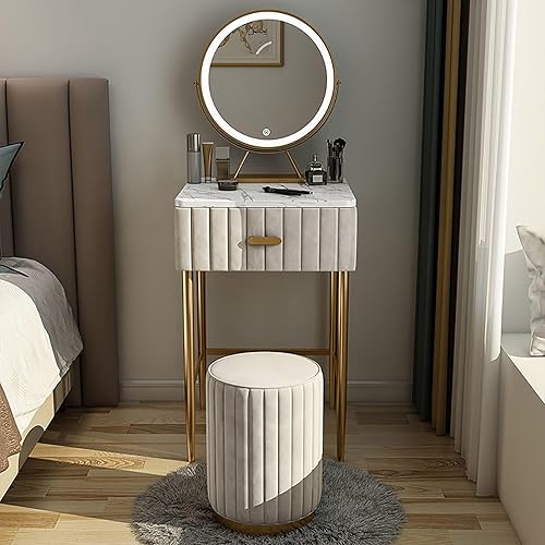 Tocador pequeño con espejo y cajones, tocador de maquillaje con luces, moderno escritorio de maquillaje con taburete de maquillaje, blanco, 23.6 in