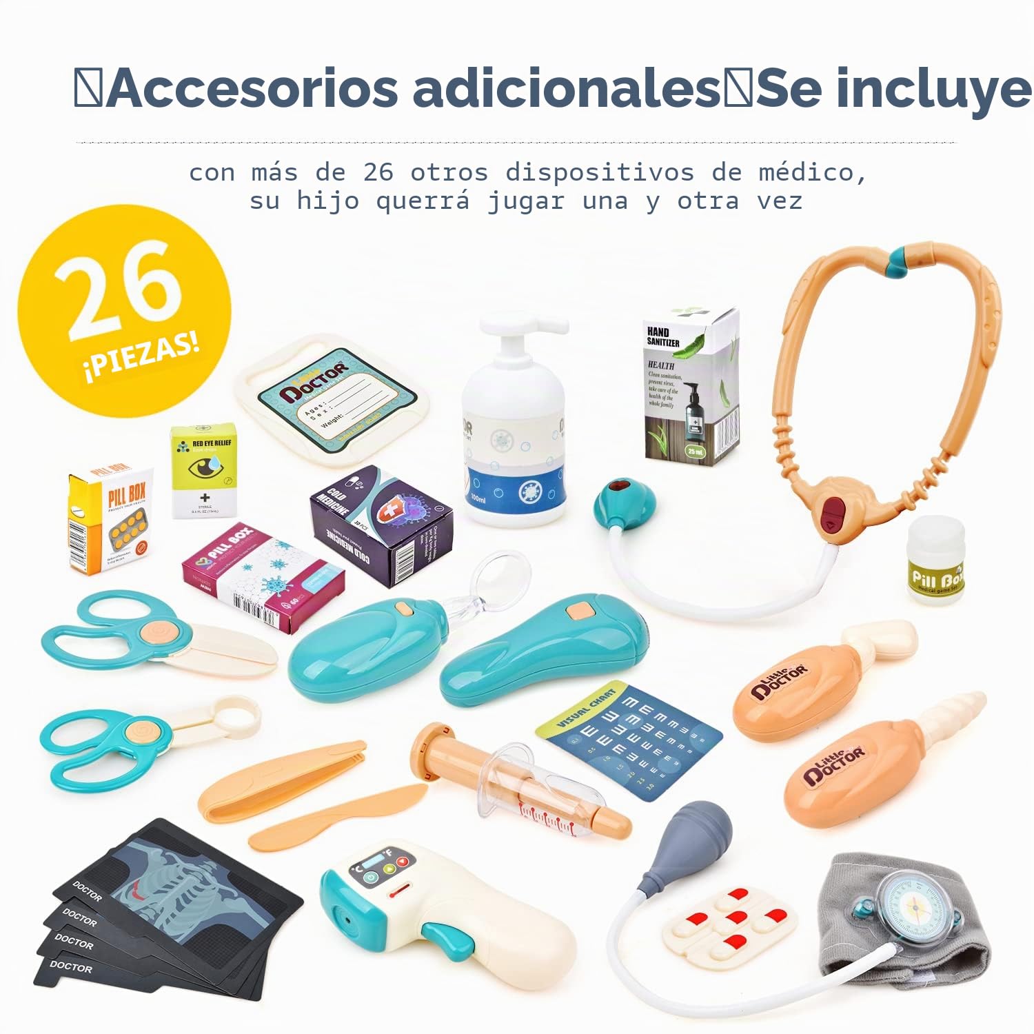 Sotodik Medicos Juguete 26PCS Juguetes de Medicos Accesorios con Luces y Sonido, Termómetros, Estetoscopios el Papel de Carrito Móvil Juguetes Educativos para Niños