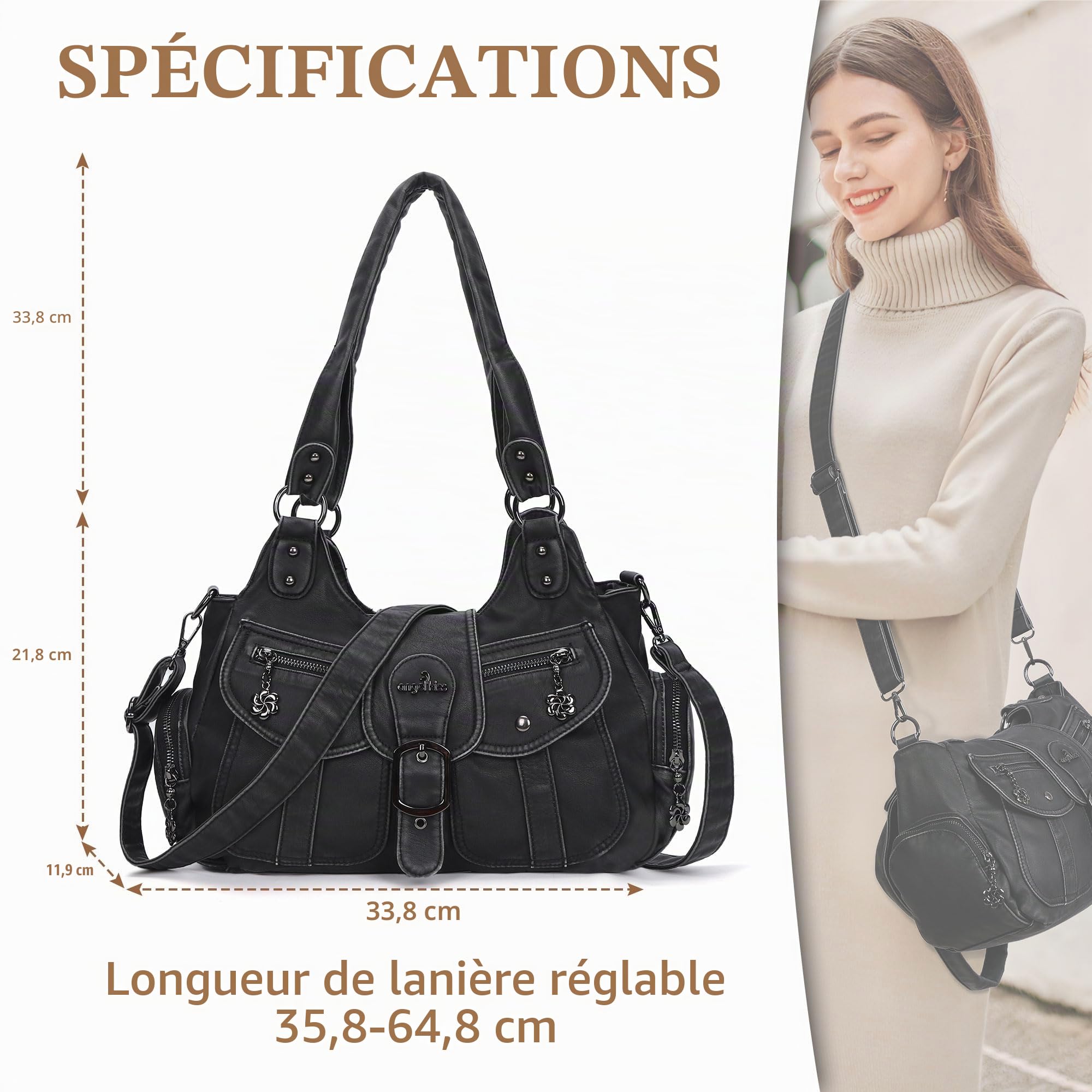 Angel Kiss Sac à main pour femme - Sac à bandoulière rétro - En cuir végétalien - Sac à main vintage - Souple - Grand sac à bandoulière pour femme - Avec bandoulière amovible