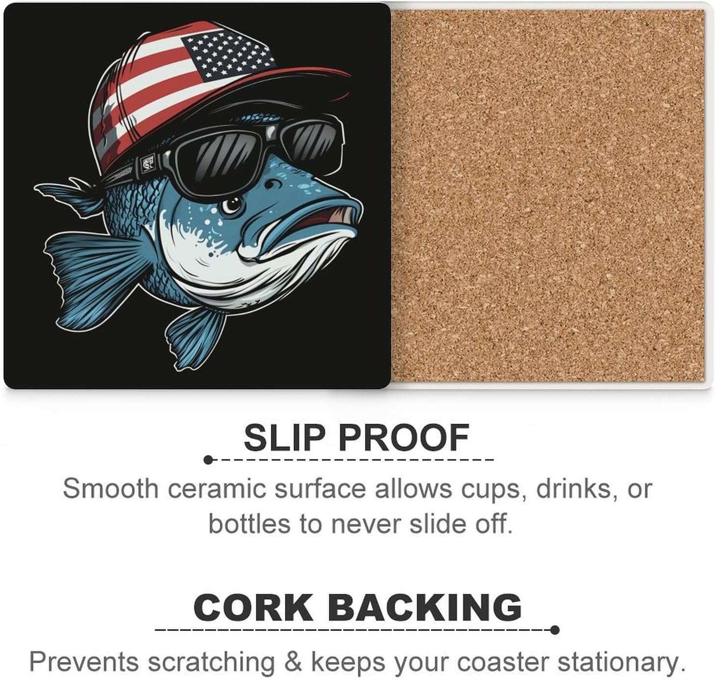 Bass Fish USA Flag Ceramic Coasters Set Square Drink Coasters Table Coaster for Kitchen Desktop Decor