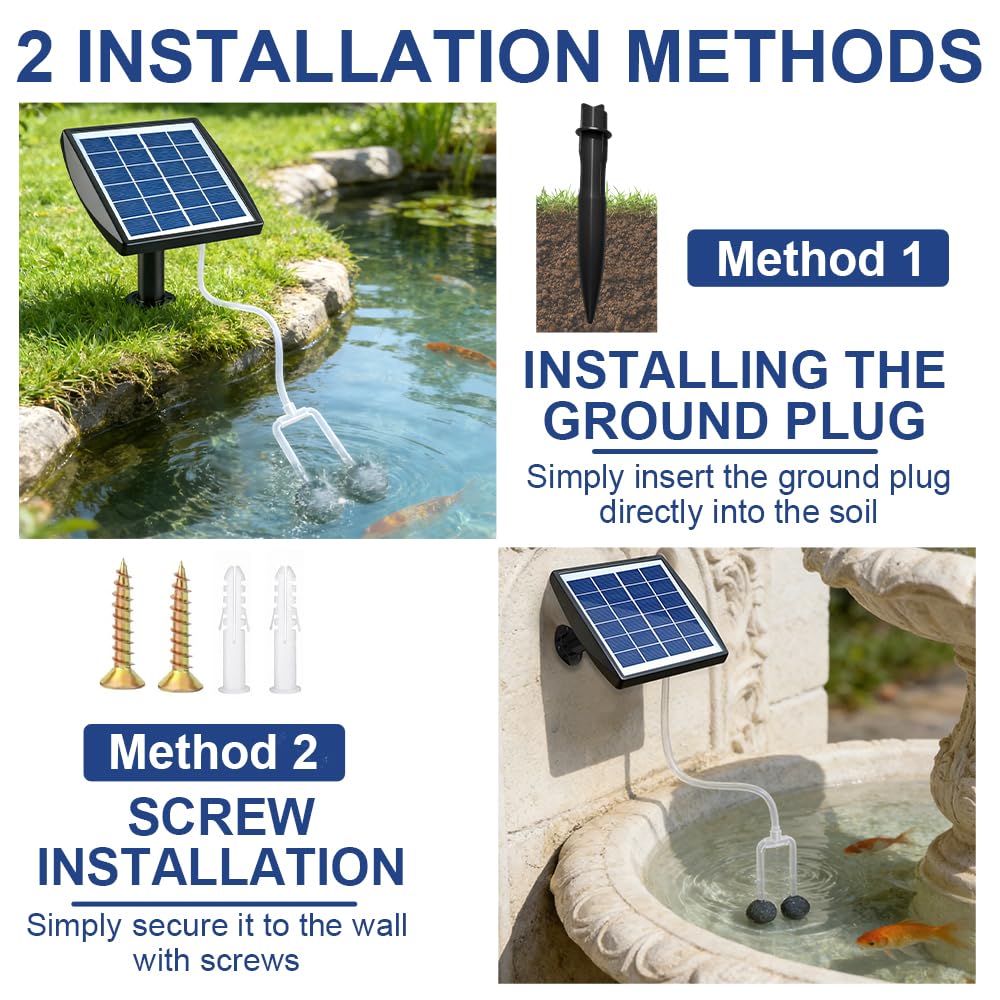 Ossigenatore per Laghetto, 2W Ossigenatore Laghetto con Batteria da 2200 mAh, 2 Mode Pompa Laghetto Solare con Pietra Aerea e Tubo, per Laghetti da Giardino, Pesca e Coltura Idroponica