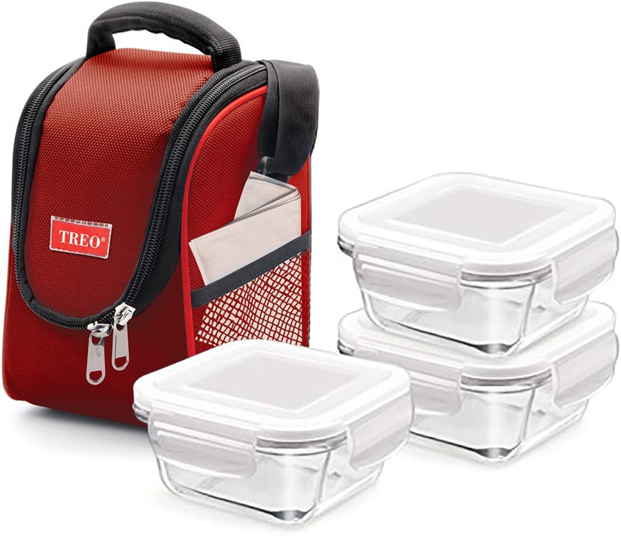 Treo Insulated Lunch Bag with 3 x Leak Proof Glass Meal Prep Containers BPA Free, 30 oz. (Red)