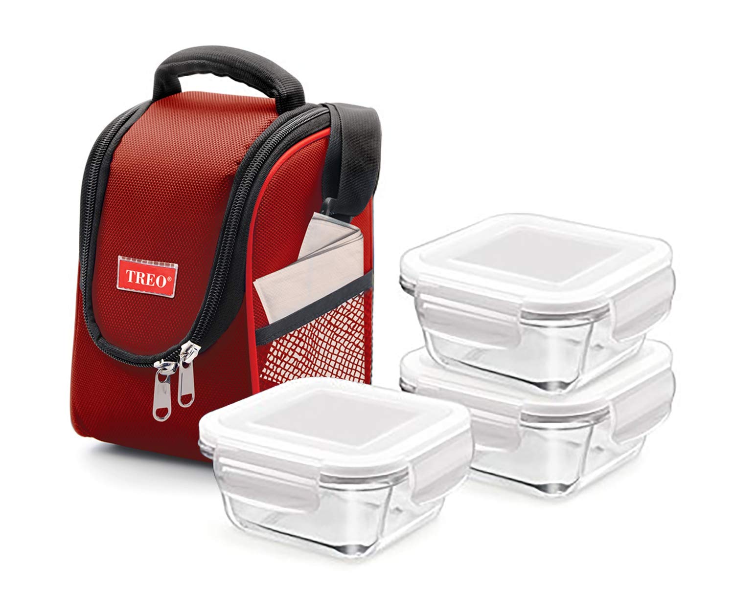 Treo Insulated Lunch Bag with 3 x Leak Proof Glass Meal Prep Containers BPA Free, 30 oz. (Red)