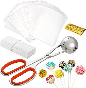 JIANTA Lollipop Cake Pop Treat Bag Set, Meat Baller with Handles + 100 Parcel Bags + 100 Papery Treat Sticks + 100 Metallic Twist Ties, Cake Pops Making Tools for Candies, Chocolates and Cookies
