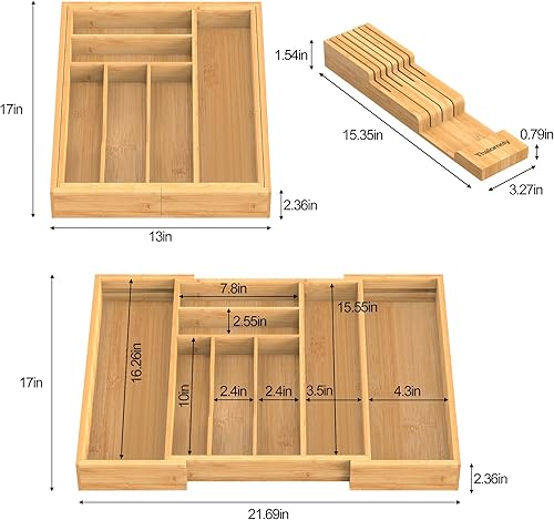 Miniatura 4 de Organizador de cajones de cocina de bambú, organizador de utensilios expandible con bloque de cuchillos extraíble, soporte para bandeja de cubiertos