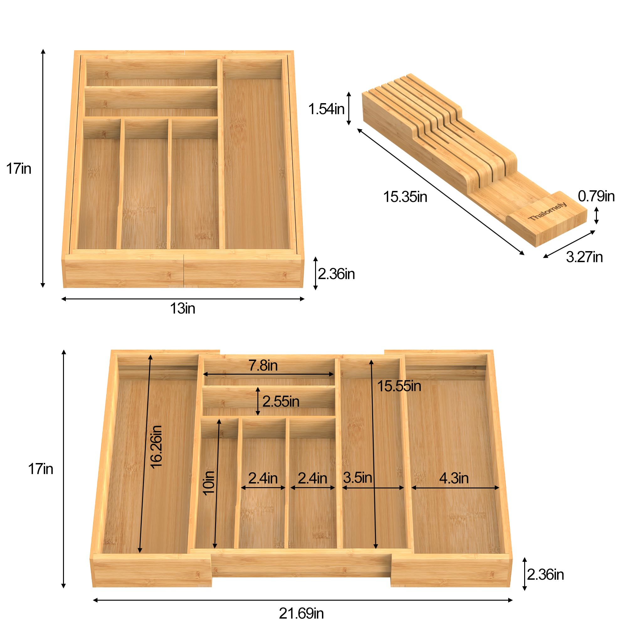 Bambus-Küchenschubladenorganizer, erweiterbarer Utensilien-Organizer mit abnehmbarem Messerblock, Besteckkasten mit Trennwand, verstellbarer Besteck-Organizer