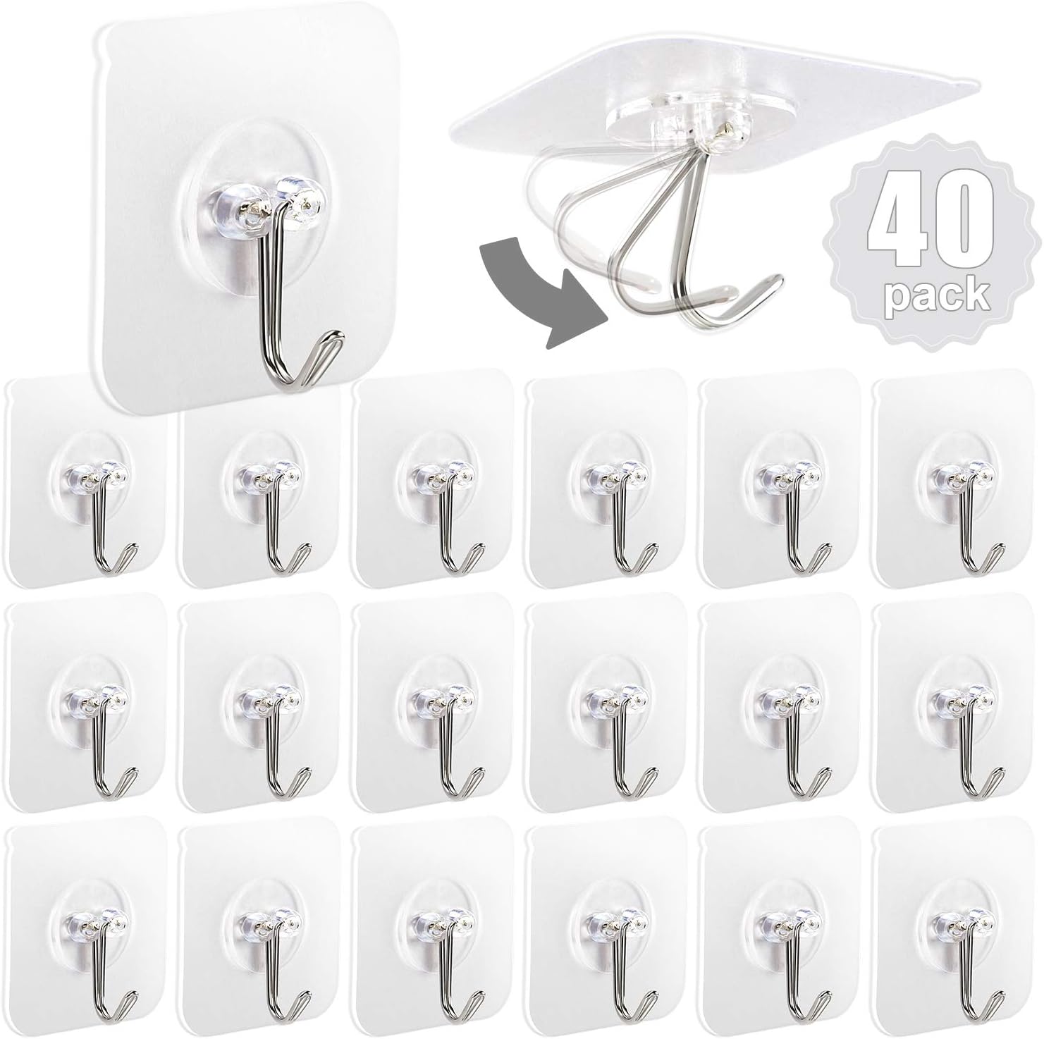Sponsored Ad - Adhesive Hooks for Hanging, 40 Packs Hook Heavy Duty Self Adhesive Wall Hooks 20 lbs / 9 kg (Max), Removable, Waterproof Hook for Bedroom Kitchen Bathroom