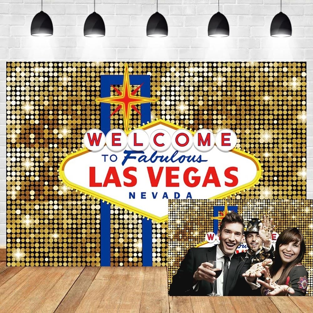 3x2,5m Las Vegas Telón de Fondo Lentejuelas de Oro Bienvenido a Las Vegas Fotografía de Fondo Fabuloso Casino Cumpleaños Fiesta de Lujo Telón de Fondo Retratos Foto Estudio Atrezzo