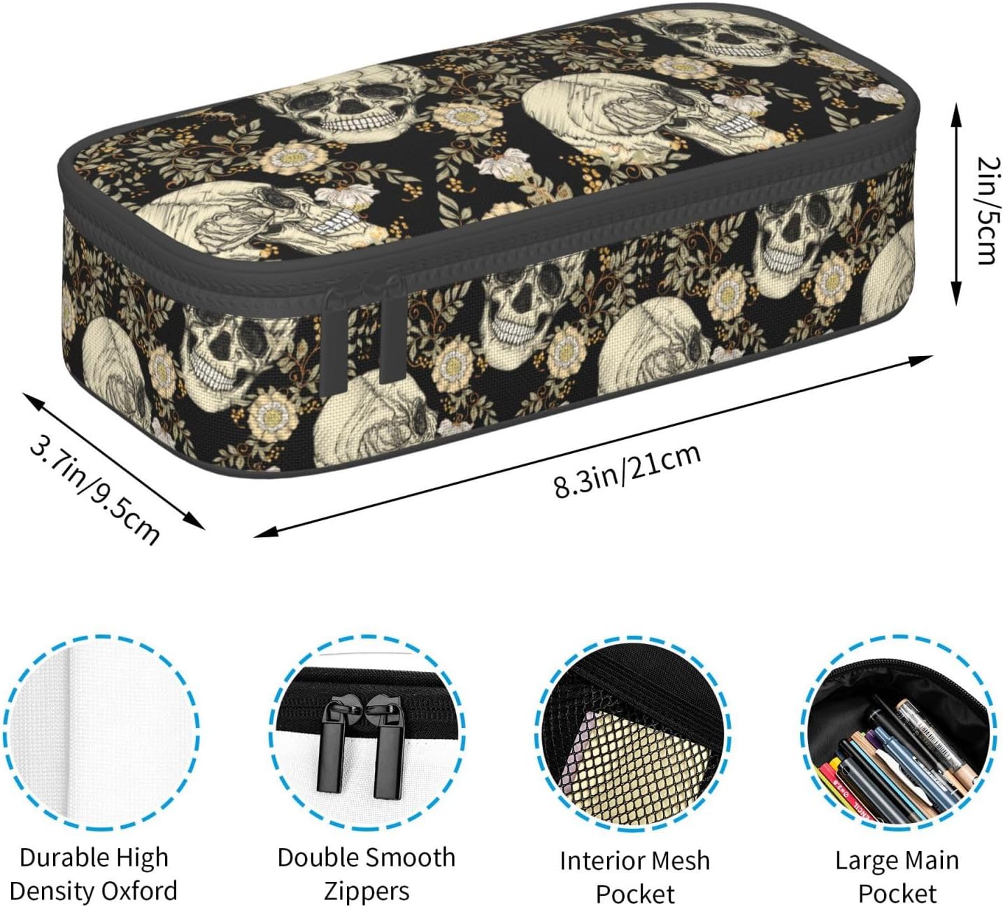 Skull Pencil Case Aesthetic Large Capacity Pen Pouch Storage Bag with Compartments for Travel School Office Organizer