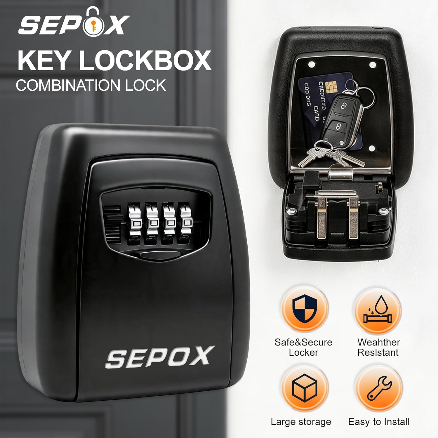 SEPOX® 2Pcs Stainless Steel Key Lock Box, Portable Vinyl Case Heavy Duty, Resettable 4 Digital Combination, Large Space, Weather Proof Wall Mount for Home, Office, Outdoor, House Rental & Real Estate