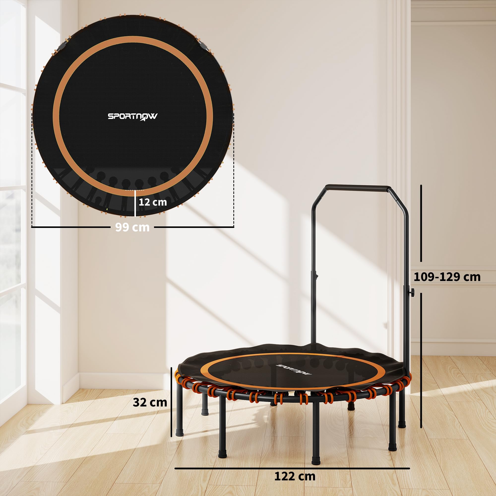 SPORTNOW Fitness Trampolin Ø114/122 cm klappbar Mini Trampoline mit 5 verstellbaren Handgriffstufen, leise Gummiseil, Trampolin für Erwachsene Trampoline für Indoor Outdoor Jumping