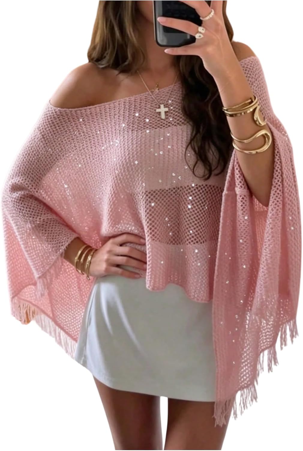 Milumia Women's Sequin Knit Poncho Shawl Top Hollow Out Fringe Bathing Suit Cover Up Tops