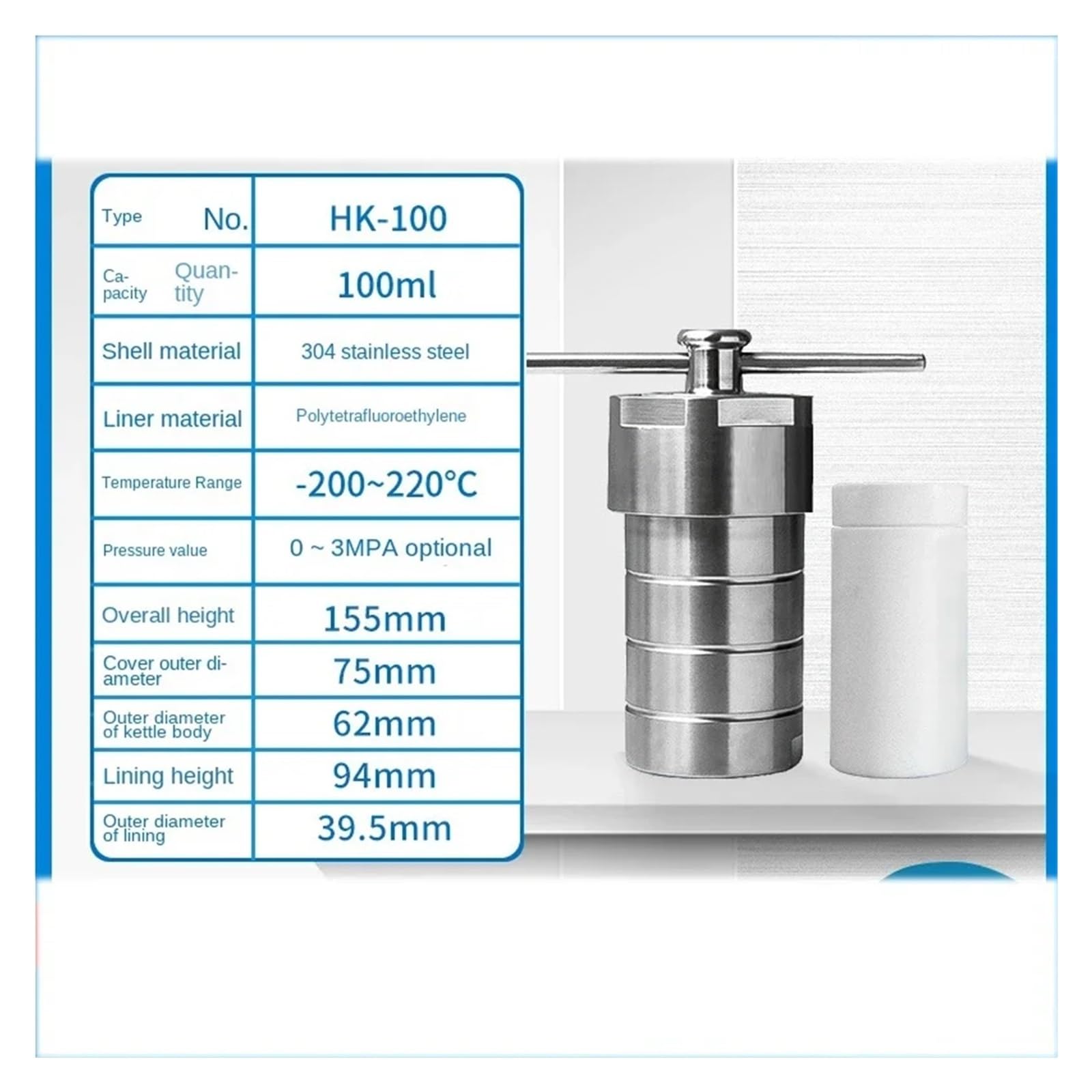 Laboratorium reaktora do syntezy hydrotermalnej Mały reaktor hydrotermalny ze stali nierdzewnej wyłożony PTFE 100 ml(50ml)