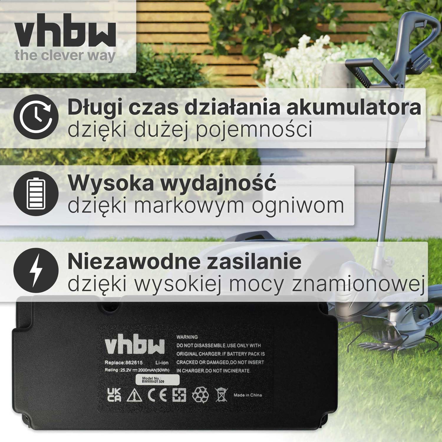 vhbw Bateria zamienna do 862601 | 862615, 862617, 862618, 0862622, 0862622001 do kosiarek automatycznych (2000 mAh, 25,2 V, litowo-jonowy)