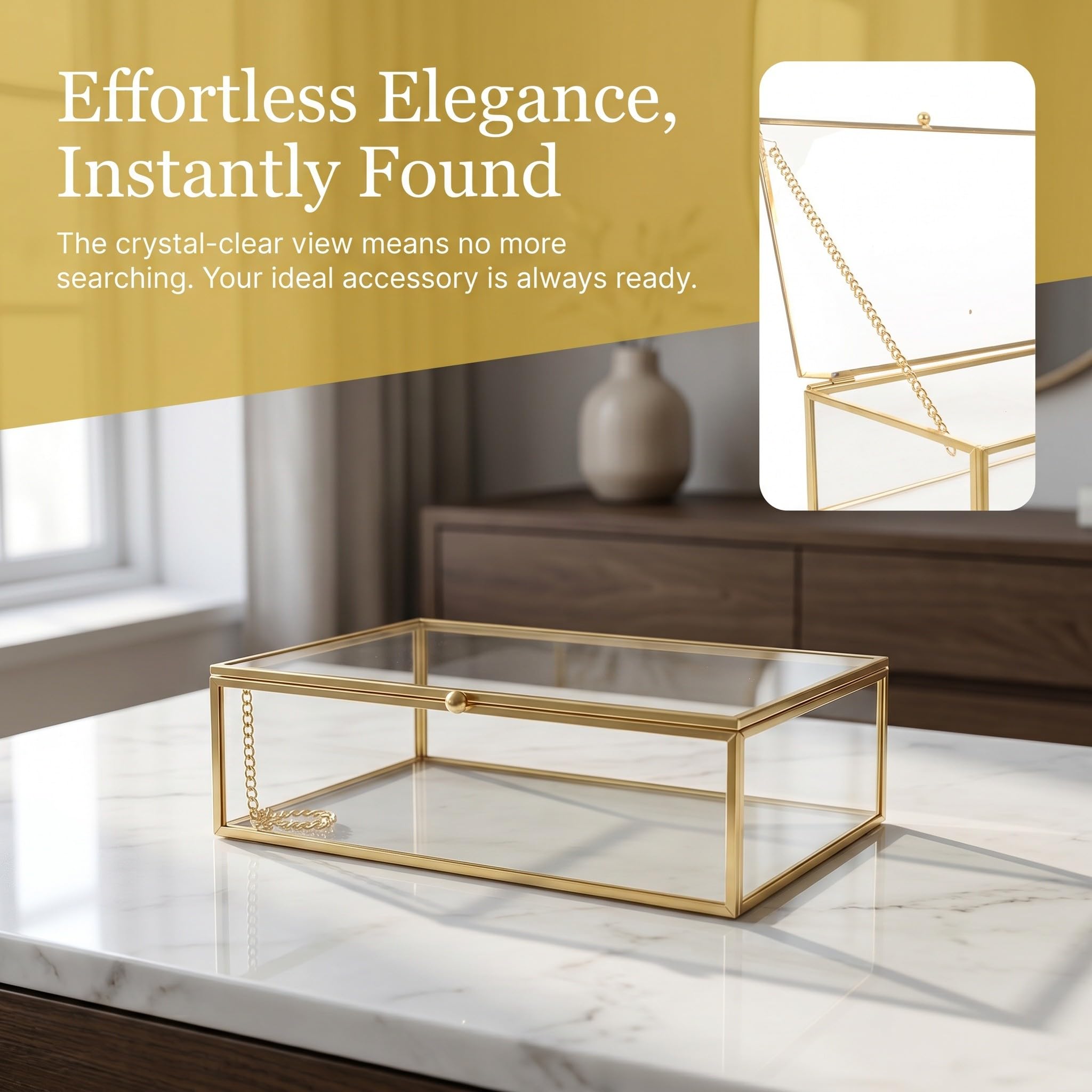 Lurrose Caja de cristal vintage para guardar recuerdos: Caja dorada para tarjetas con tapa abatible - Joyero de cristal para guardar tarjetas de boda, baratijas, fotos y más. 7,95 x 5,12 x 2,48